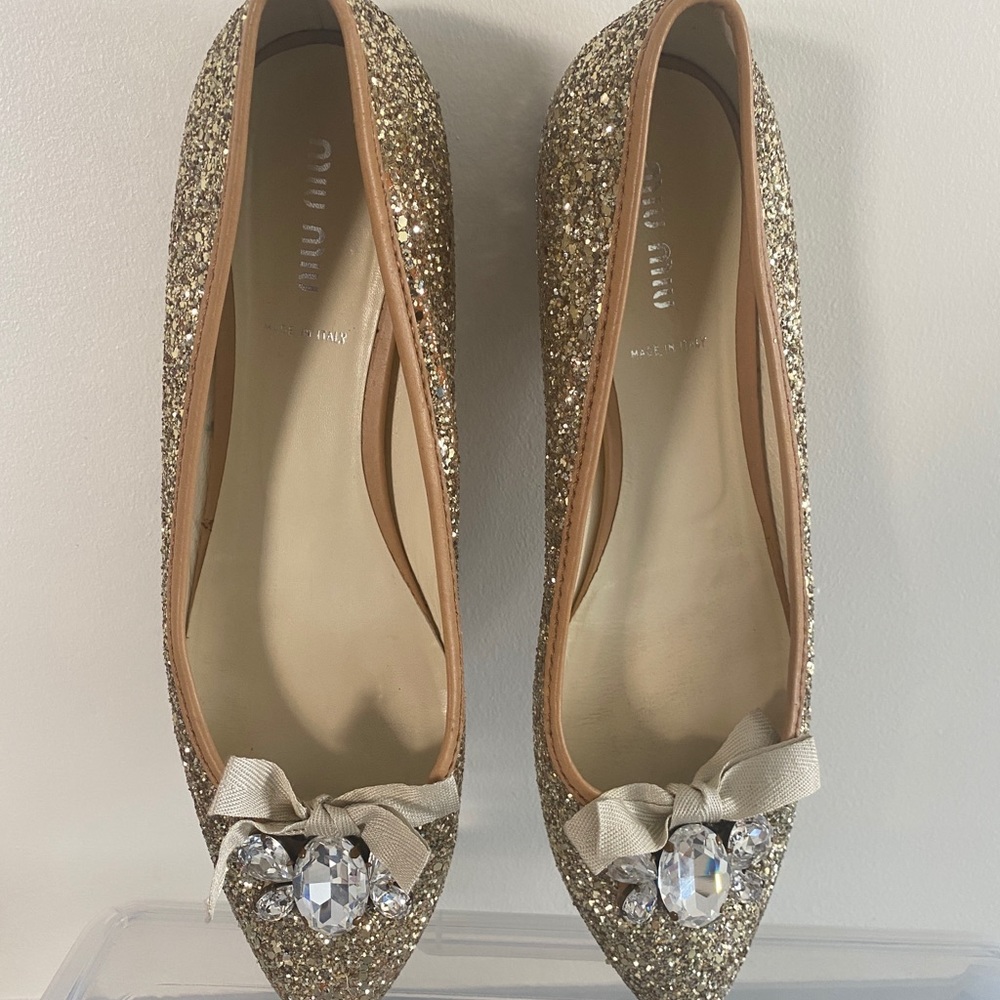 COPY - Miu Miu Gold Glitter Crystal Ballet Flats